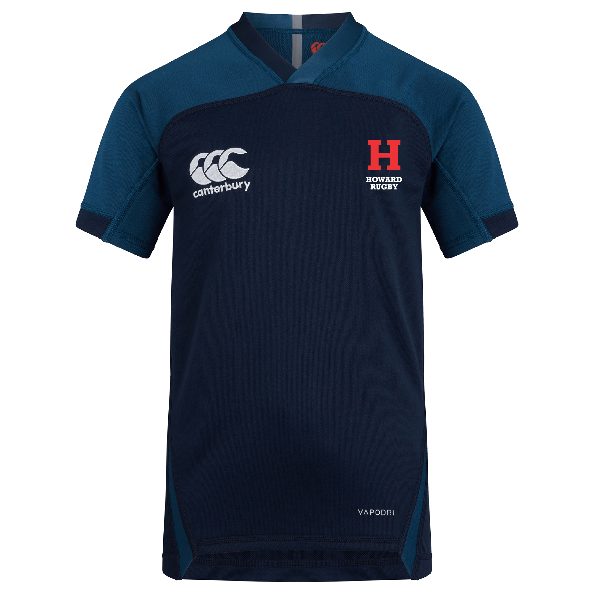 The Howard University Vapodri Evader Jersey by EMB Canterbury in navy blue features a white logo on the right chest and a red "H" with "Howard Rugby" on the left. Its VapoDri finish offers moisture-wicking technology for ultimate comfort.