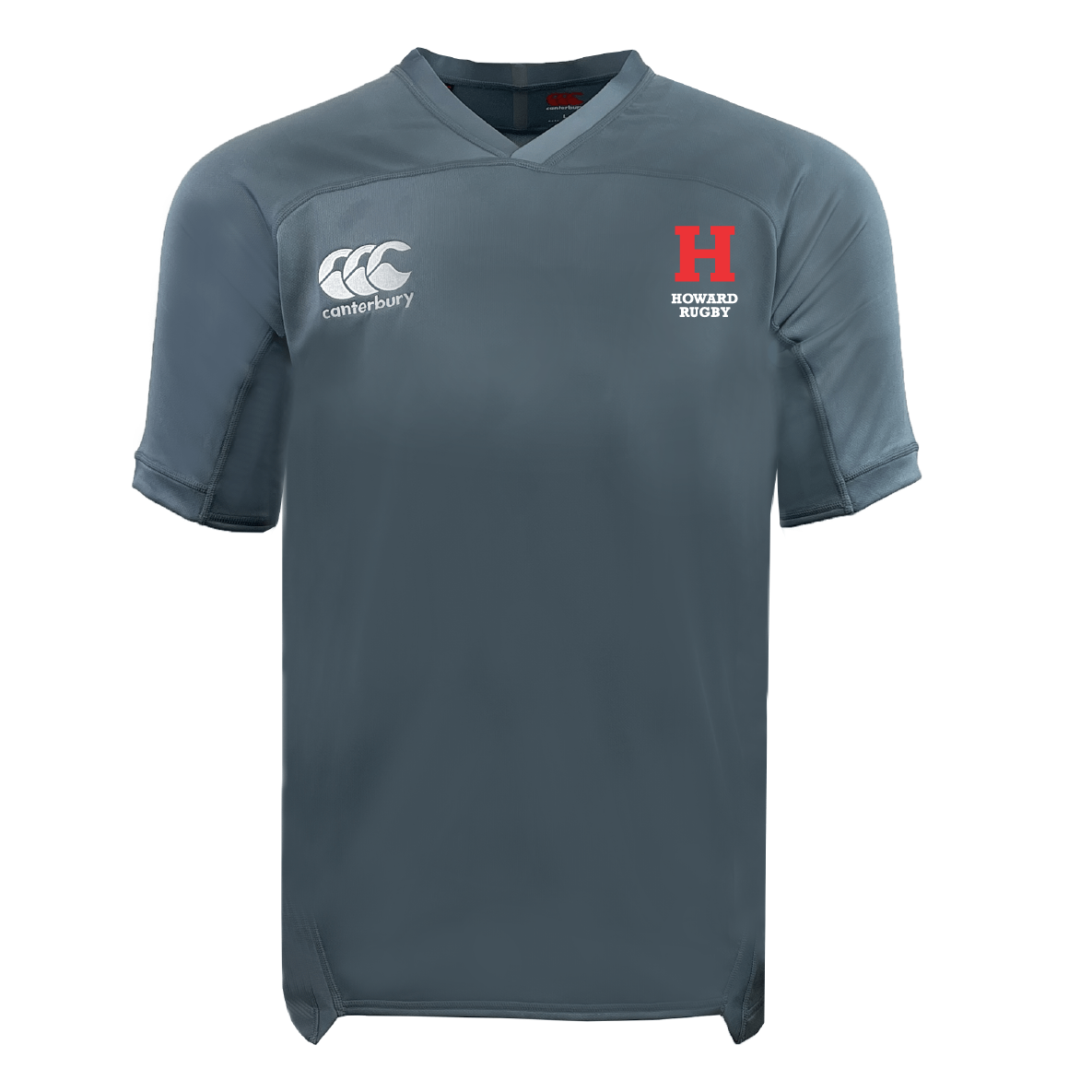 The EMB Canterbury Howard University Vapodri Evader Jersey features a moisture-wicking VapoDri finish, the iconic Canterbury logo on the left, and a red "H" with "Howard Rugby" text on the right.