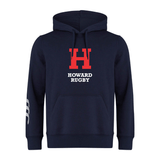 The Howard University Club Hoodie by WRS Canterbury features a navy design with a large red "H" and "HOWARD RUGBY" on the front, white stripes on the left sleeve, Canterbury branding, and customizable options for players and fans.
