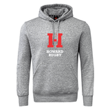 The Howard University Club Hoodie by Canterbury features a gray design with a red "H" and "Howard Rugby" in white on the front, highlighted by WRS Canterbury branding.