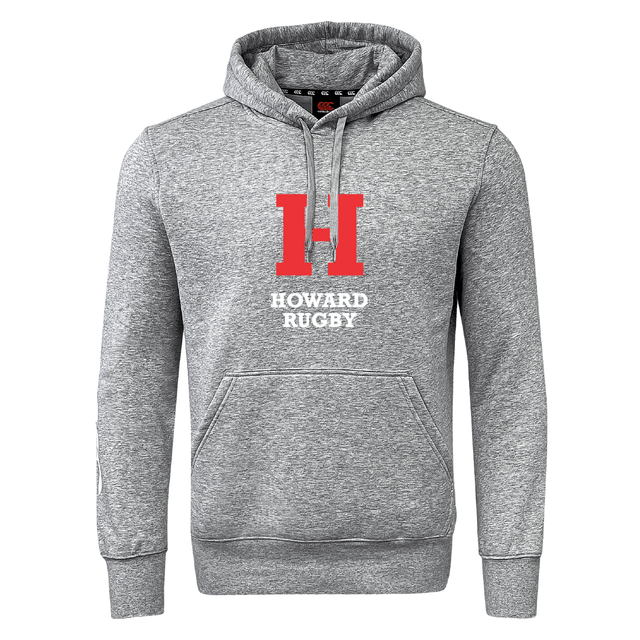 The Howard University Club Hoodie by Canterbury features a gray design with a red "H" and "Howard Rugby" in white on the front, highlighted by WRS Canterbury branding.
