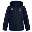 The EMB Canterbury Howard University Club Vaposhield Full Zip Rain Jacket in navy blue is water-resistant, featuring VapoShield technology. It displays a white Canterbury logo and a red "H" above "Howard Rugby" on the front.