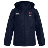 The EMB Canterbury Howard University Club Vaposhield Full Zip Rain Jacket in navy blue is water-resistant, featuring VapoShield technology. It displays a white Canterbury logo and a red "H" above "Howard Rugby" on the front.