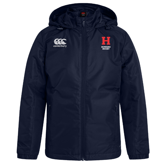 Navy rugby jacket by EMB Canterbury with a hood, Canterbury logo, and red "H" with "Howard Hoory" on the chest. Features Vaposhield technology for water resistance.