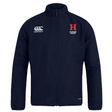 The Howard University Club Track Jacket by EMB Canterbury is a navy lightweight rugby jacket featuring the logo on the right chest and "Howard Rugby" with a red "H" on the left. It's perfect for club tracks, offering quick-drying comfort and style on and off the field.