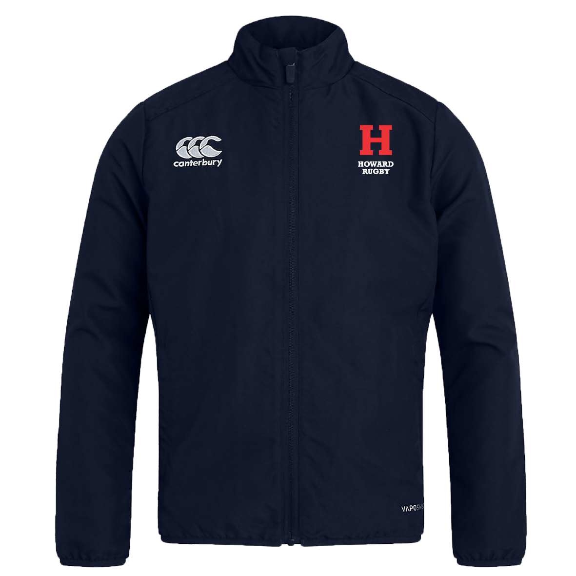 The Howard University Club Track Jacket by EMB Canterbury is a navy lightweight rugby jacket featuring the logo on the right chest and "Howard Rugby" with a red "H" on the left. It's perfect for club tracks, offering quick-drying comfort and style on and off the field.