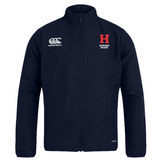 The Howard University Club Track Jacket by EMB Canterbury is a navy lightweight rugby jacket featuring the logo on the right chest and "Howard Rugby" with a red "H" on the left. It's perfect for club tracks, offering quick-drying comfort and style on and off the field.