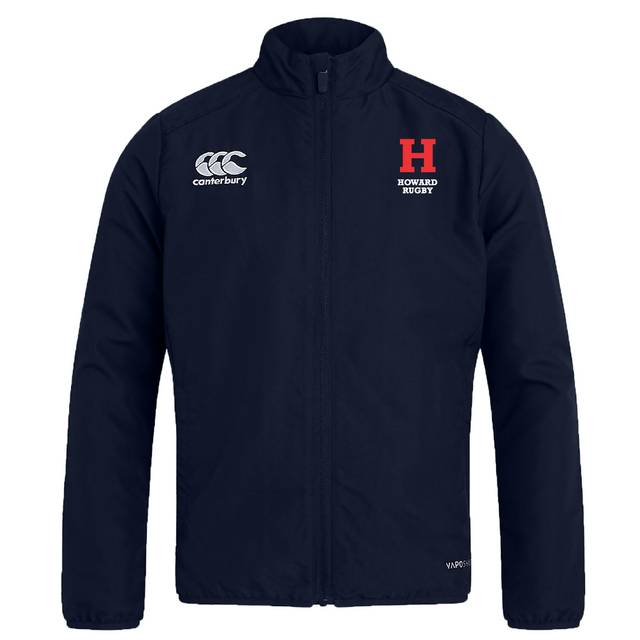 The Howard University Club Track Jacket by EMB Canterbury is a navy lightweight rugby jacket featuring the logo on the right chest and "Howard Rugby" with a red "H" on the left. It's perfect for club tracks, offering quick-drying comfort and style on and off the field.