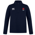 The Howard University Club 1/4 Zip Mid Layer Training Top by EMB Canterbury is a navy pullover with bonded fleece, Canterbury logo on the left chest, and a red "H" with "Howard Rugby" text on the right. Its modern paneled design blends style and functionality for rugby training.