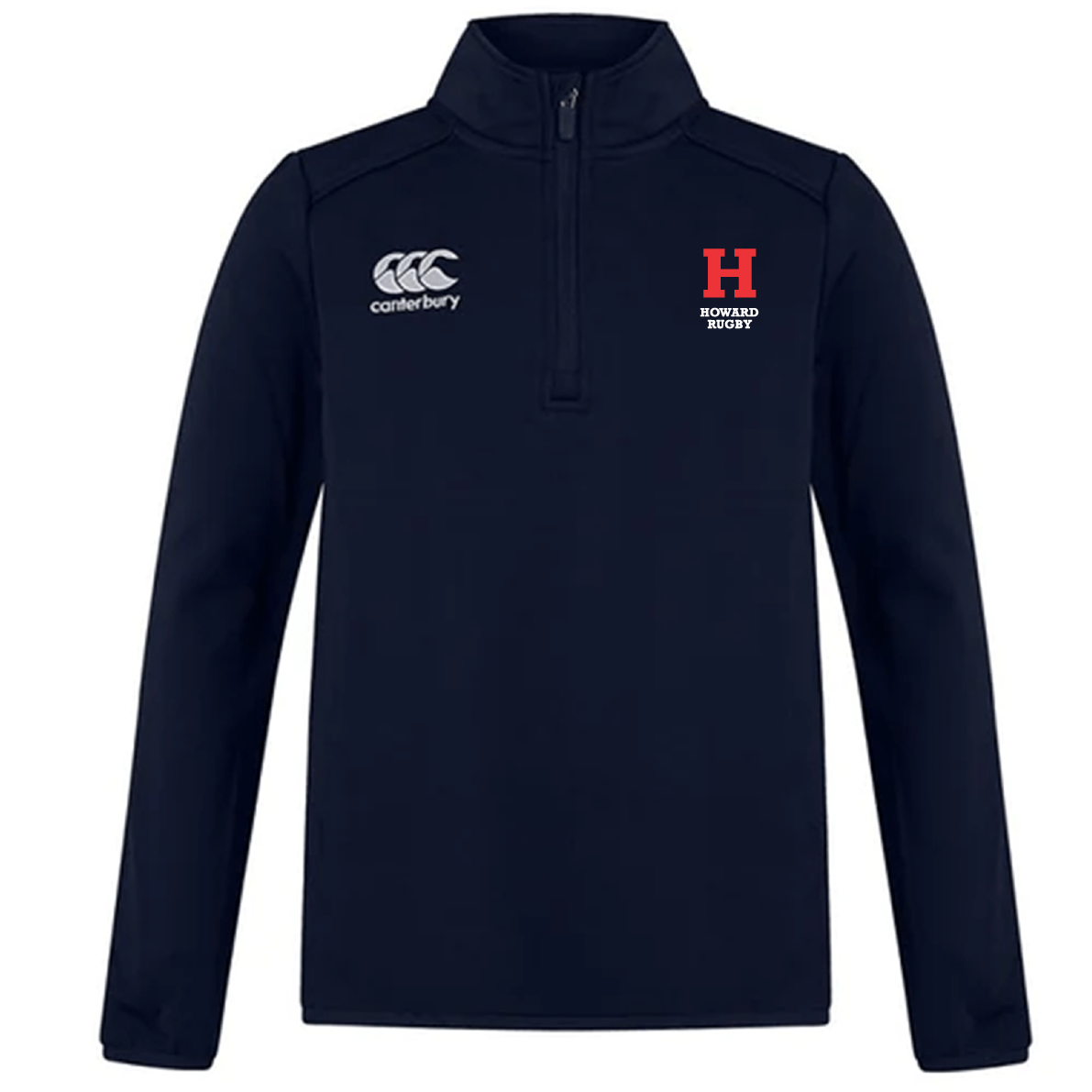 The Howard University Club 1/4 Zip Mid Layer Training Top by EMB Canterbury is a navy pullover with bonded fleece, Canterbury logo on the left chest, and a red "H" with "Howard Rugby" text on the right. Its modern paneled design blends style and functionality for rugby training.