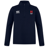 The Howard University Club 1/4 Zip Mid Layer Training Top by EMB Canterbury is a navy pullover with bonded fleece, Canterbury logo on the left chest, and a red "H" with "Howard Rugby" text on the right. Its modern paneled design blends style and functionality for rugby training.