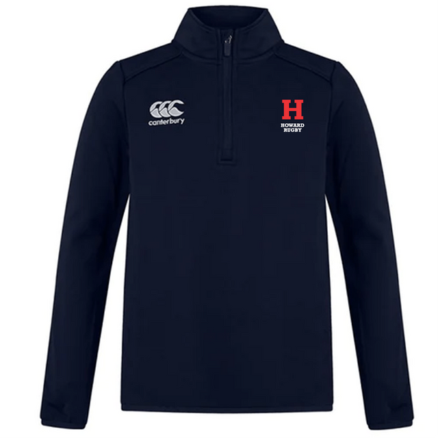 The Howard University Club 1/4 Zip Mid Layer Training Top by EMB Canterbury is a navy pullover with bonded fleece, Canterbury logo on the left chest, and a red "H" with "Howard Rugby" text on the right. Its modern paneled design blends style and functionality for rugby training.