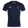 The Howard University Club Dry Tee by Canterbury in navy blue features Vapodri Technology for quick drying. It includes a white EMB Canterbury logo on the left chest, a red "H" with "Howard Rugby" on the right, and mesh panelling for enhanced comfort.