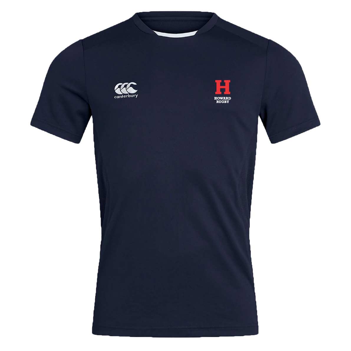 The Howard University Club Dry Tee by Canterbury in navy blue features Vapodri Technology for quick drying. It includes a white EMB Canterbury logo on the left chest, a red "H" with "Howard Rugby" on the right, and mesh panelling for enhanced comfort.
