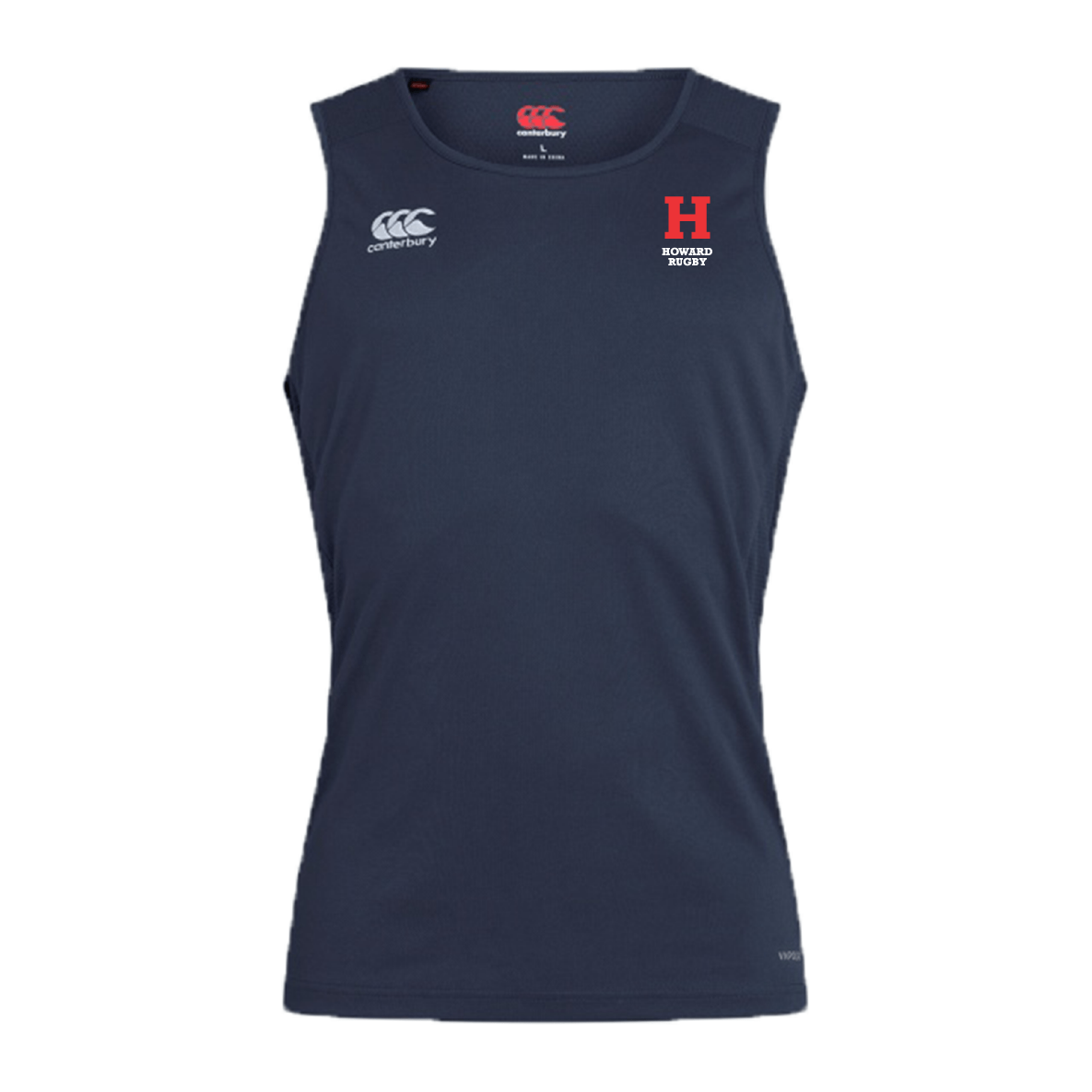 The navy blue sleeveless singlet by EMB Canterbury showcases the Vapodri Technology, a prominent red "H," and "HARVARD RUGBY" text, ideal for high-performance athletic endeavors.