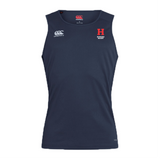 The navy blue sleeveless singlet by EMB Canterbury showcases the Vapodri Technology, a prominent red "H," and "HARVARD RUGBY" text, ideal for high-performance athletic endeavors.