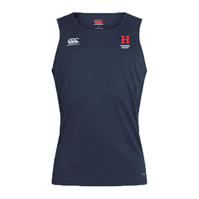 The navy blue sleeveless singlet by EMB Canterbury showcases the Vapodri Technology, a prominent red "H," and "HARVARD RUGBY" text, ideal for high-performance athletic endeavors.