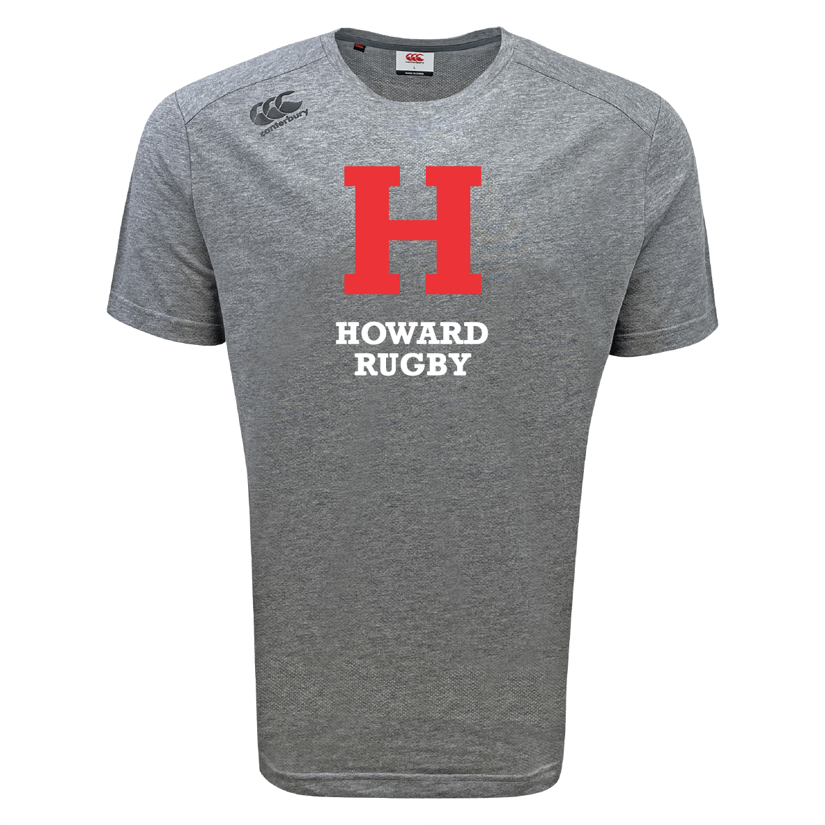 The Howard University Tempo Vapodri T-Shirt by WRS Canterbury is a gray sports tee with a large red "H" and "Howard Rugby" in white, designed with VapoDri technology for excellent moisture-wicking.