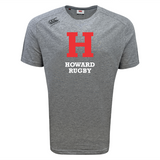 The Howard University Tempo Vapodri T-Shirt by WRS Canterbury is a gray sports tee with a large red "H" and "Howard Rugby" in white, designed with VapoDri technology for excellent moisture-wicking.