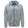 The Howard University Tempo Vapodri Full-Zip Hoodie by EMB Canterbury is a gray zip-up with moisture-wicking fabric, a drawstring hood, and an "H" logo alongside Canterbury branding and small text on the left chest.