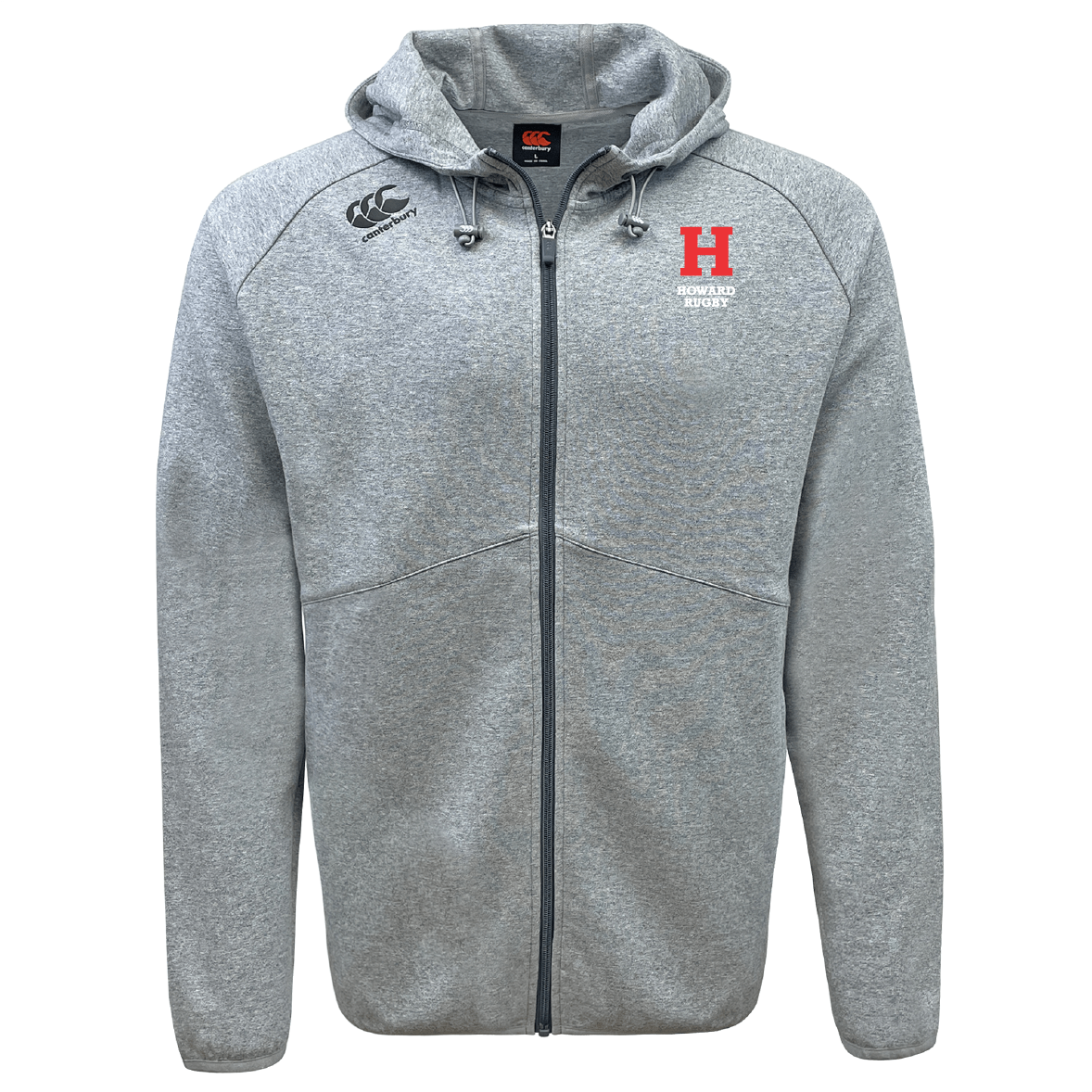 The Howard University Tempo Vapodri Full-Zip Hoodie by EMB Canterbury is a gray zip-up with moisture-wicking fabric, a drawstring hood, and an "H" logo alongside Canterbury branding and small text on the left chest.
