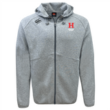 The Howard University Tempo Vapodri Full-Zip Hoodie by EMB Canterbury is a gray zip-up with moisture-wicking fabric, a drawstring hood, and an "H" logo alongside Canterbury branding and small text on the left chest.