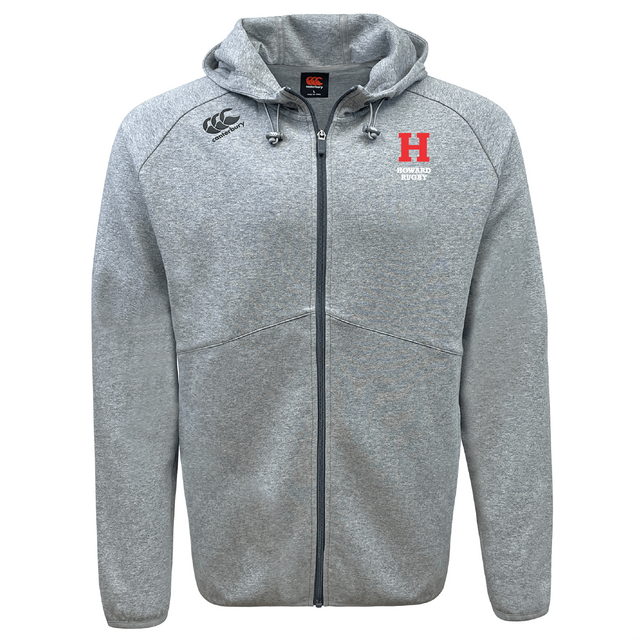 The Howard University Tempo Vapodri Full-Zip Hoodie by EMB Canterbury is a gray zip-up with moisture-wicking fabric, a drawstring hood, and an "H" logo alongside Canterbury branding and small text on the left chest.