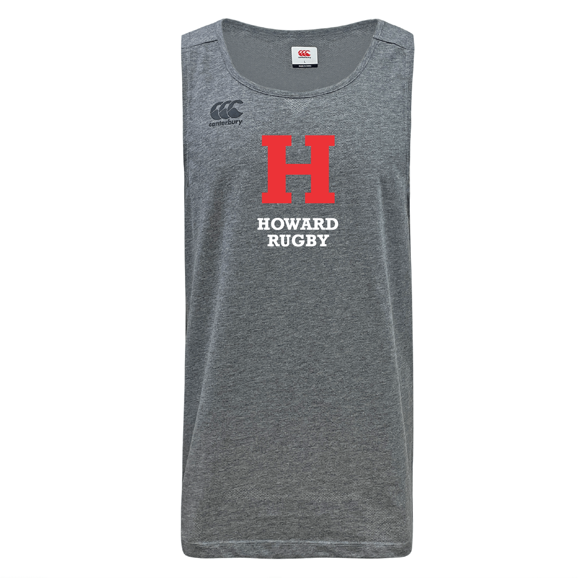The Howard University Tempo Vapodri Singlet by WRS Canterbury features "H Howard Rugby" in bold red and white on a gray tank top with a Canterbury logo near the shoulder. Made from recycled polyester, it uses VapoDri technology for enhanced performance and comfort.