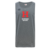 The Howard University Tempo Vapodri Singlet by WRS Canterbury features "H Howard Rugby" in bold red and white on a gray tank top with a Canterbury logo near the shoulder. Made from recycled polyester, it uses VapoDri technology for enhanced performance and comfort.
