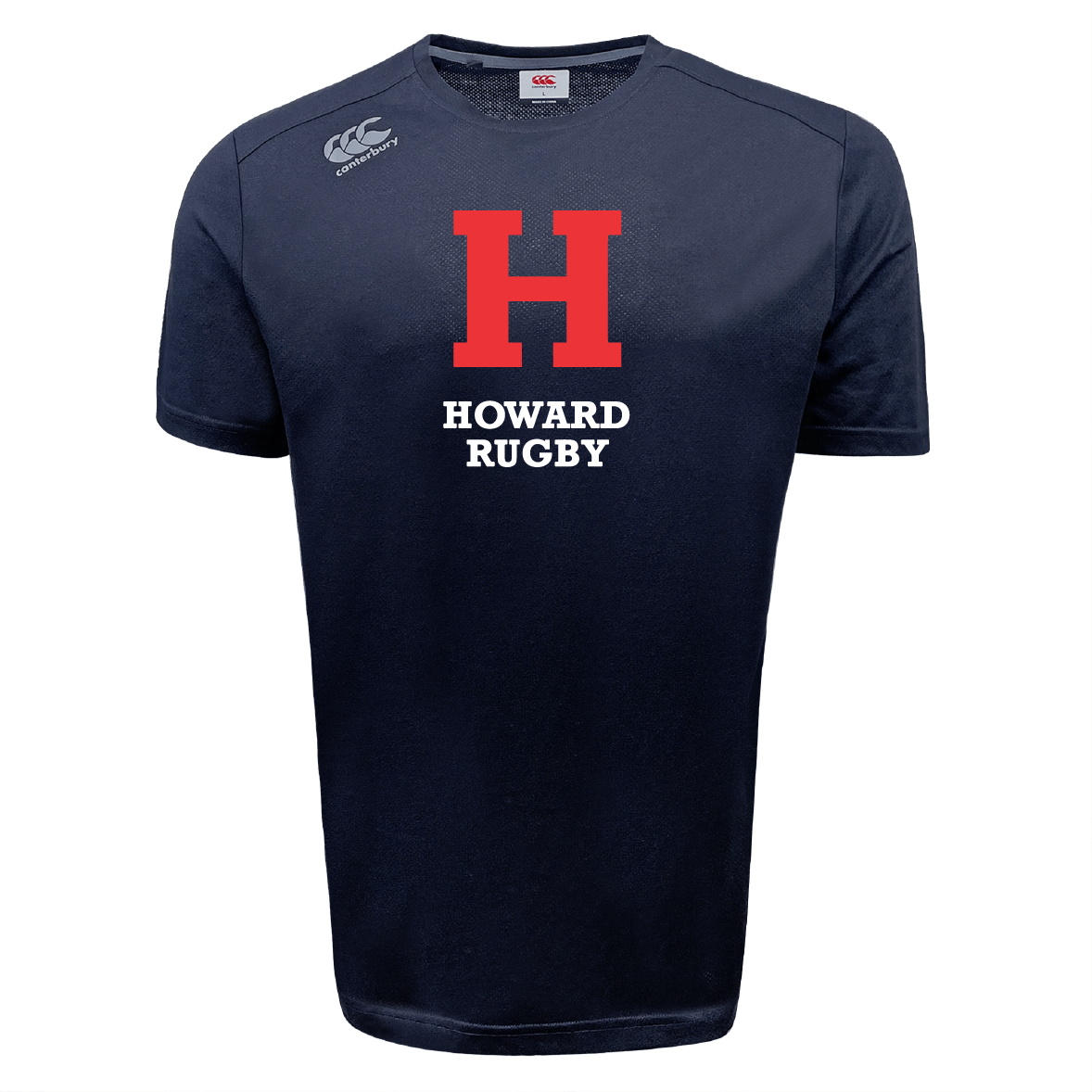The Howard University Tempo Vapodri T-Shirt by WRS Canterbury is a navy blue sports tee with a red "H" and white "Howard Rugby" text, featuring moisture-wicking Vapodri technology for comfort.