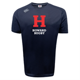 The Howard University Tempo Vapodri T-Shirt by WRS Canterbury is a navy blue sports tee with a red "H" and white "Howard Rugby" text, featuring moisture-wicking Vapodri technology for comfort.