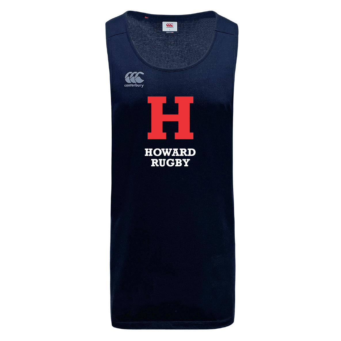 Navy Howard University Tempo Vapodri Singlet by WRS Canterbury with "H Howard Rugby" in bold red and white on the front, featuring VapoDri moisture-wicking technology and a Canterbury logo on the upper left.