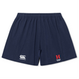 The Howard University Yokohama Short by EMB Canterbury features a navy blue design with the iconic white Canterbury logo on the left and a red "H" and "HOWARD HOCKEY" on the right. Made from lightweight fabric, these shorts provide comfort and style for sports enthusiasts.