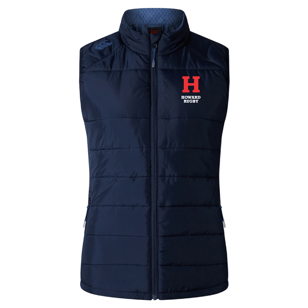 Navy Howard University Women's Elite Microlite Gilet by EMB Canterbury, with insulated baffles and a zip, featuring "Howard Rugby" and a red "H" on the chest for warmth and style.