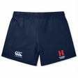 The Howard University Women's Yokohama Shorts by EMB Canterbury feature a "Canterbury" logo on the left leg and a red "H" with "Howard Rugby" on the right. Designed with a gathered waistband, they boast Vapodri fabric for optimal performance.
