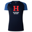 The Howard University Women's Elite Training Tee by WRS Canterbury features blue sleeves, a bold red "H," and "Howard Rugby" text on lightweight recycled polyester, incorporating Vapodri technology for optimal performance during elite training sessions.