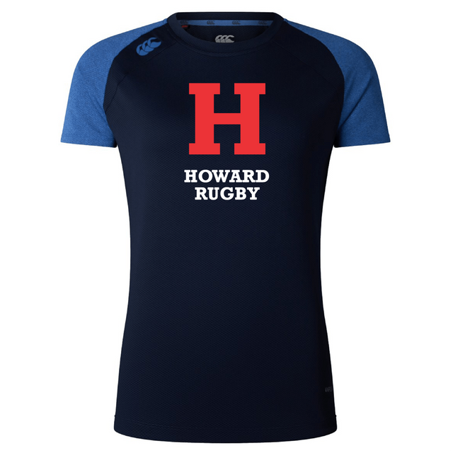 The Howard University Women's Elite Training Tee by WRS Canterbury features blue sleeves, a bold red "H," and "Howard Rugby" text on lightweight recycled polyester, incorporating Vapodri technology for optimal performance during elite training sessions.