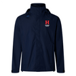 The Howard University Elite Storm Jacket by Canterbury is a navy blue waterproof jacket with a hood featuring Vaposhield performance, adorned with a red "H" logo and "Howard Rugby" text on the upper left chest, offered by EMB Canterbury for stylishly facing the elements.