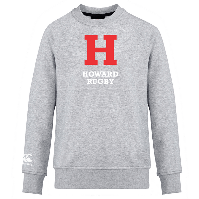 Ultra-soft Howard University Club Crew Sweatshirt by WRS Canterbury in gray, featuring an embroidered CCC logo and a large red "H" with "HOWARD RUGBY" in white on the front.