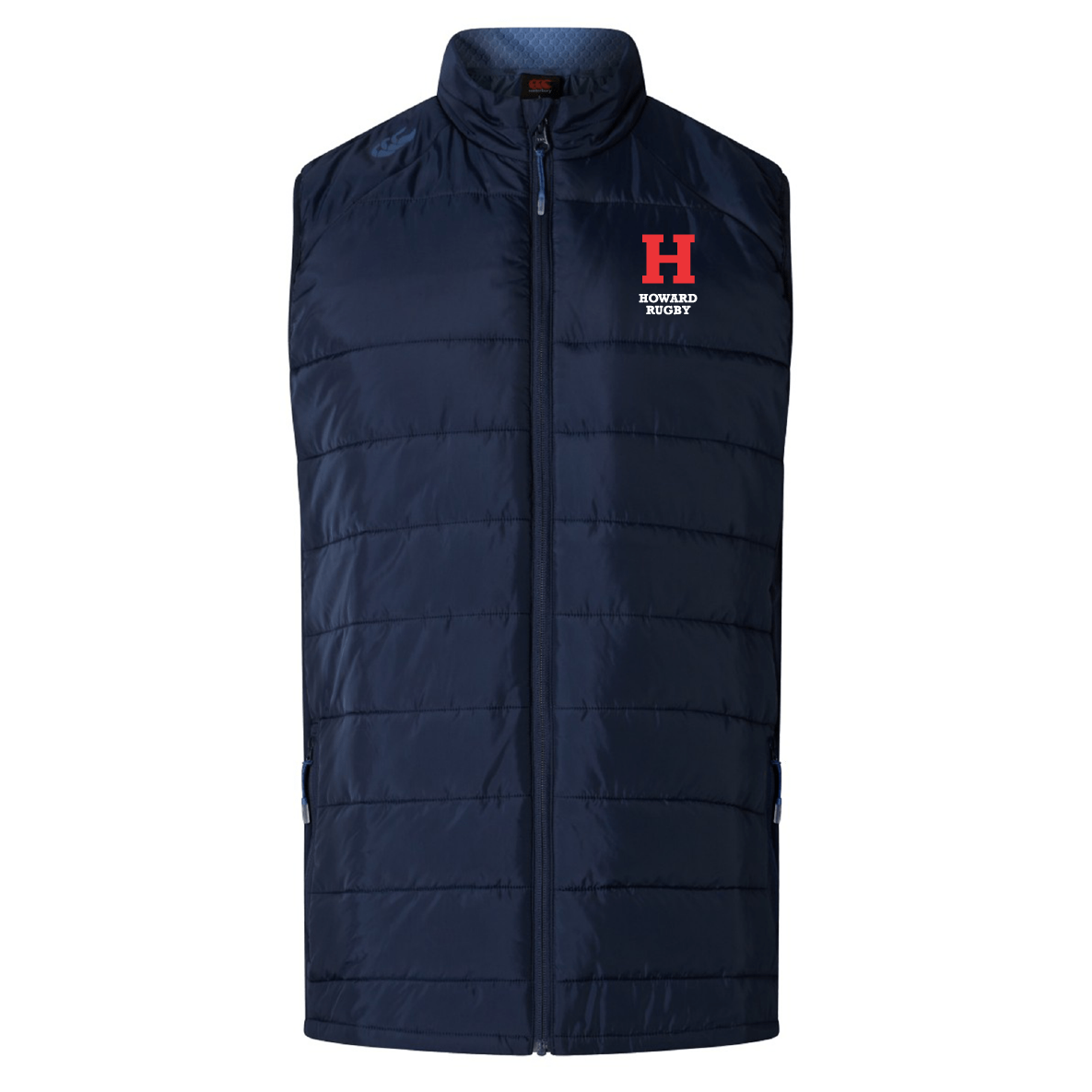 A navy blue Howard University Elite Microlite Gilet by EMB Canterbury features insulated baffles and a zipper, with a red "H" logo and "Howard Rugby" text on the left chest.