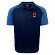 The Howard University Elite Polo by EMB Canterbury is navy and blue with short sleeves, "HOWARD RUGBY," and a red "H" logo on the chest, made from Vapodri fabrics for ultimate comfort.