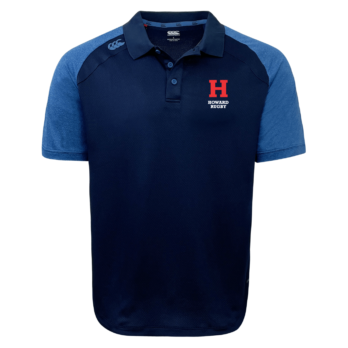 The Howard University Elite Polo by EMB Canterbury is navy and blue with short sleeves, "HOWARD RUGBY," and a red "H" logo on the chest, made from Vapodri fabrics for ultimate comfort.