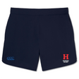 These Navy blue Howard University Elite Woven Shorts by EMB Canterbury are designed for lightweight comfort. They feature a small blue logo on the left leg and a red "H" with "Howard Rugby" text on the right, making them perfect for enhancing your training experience.