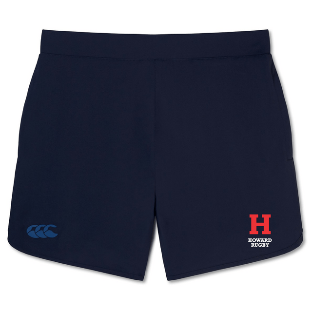 These Navy blue Howard University Elite Woven Shorts by EMB Canterbury are designed for lightweight comfort. They feature a small blue logo on the left leg and a red "H" with "Howard Rugby" text on the right, making them perfect for enhancing your training experience.