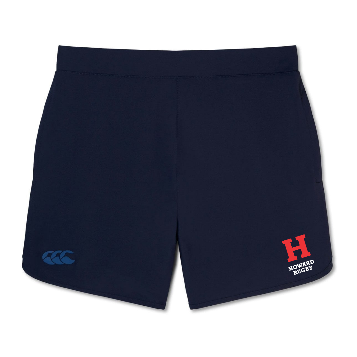 The Howard University Women's Elite Woven Shorts by EMB Canterbury are navy blue with a Canterbury logo and "Howard Rugby" in red and white on the left leg, providing lightweight comfort and durability for any workout.