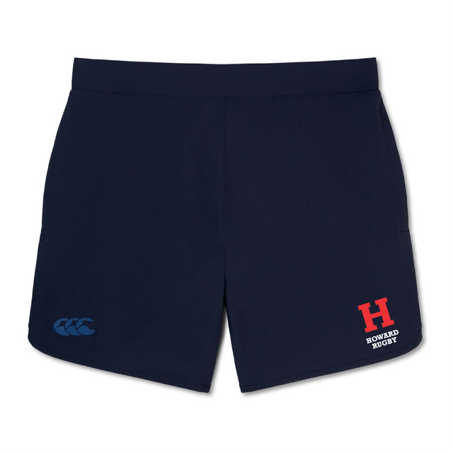 The Howard University Women's Elite Woven Shorts by EMB Canterbury are navy blue with a Canterbury logo and "Howard Rugby" in red and white on the left leg, providing lightweight comfort and durability for any workout.