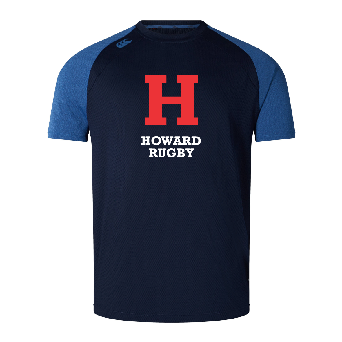 The Howard University Elite Training Tee by WRS Canterbury features navy blue with contrasting blue sleeves, a large red "H," and "Howard Rugby" in white on the front. Made from durable Vapodri fabrics, it's lightweight for play or casual wear.