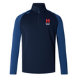 The EMB Canterbury Howard University Elite First Layer by Canterbury is a navy and dark blue quarter-zip rugby shirt with a "H" and "Howard Rugby" logo on the left chest, featuring quick-drying VapoDri technology for enhanced comfort.