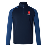 The EMB Canterbury Howard University Elite First Layer by Canterbury is a navy and dark blue quarter-zip rugby shirt with a "H" and "Howard Rugby" logo on the left chest, featuring quick-drying VapoDri technology for enhanced comfort.