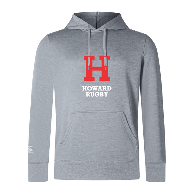 The Howard University Club Lightweight Hoodie by WRS Canterbury features a red and white "H" and "Howard Rugby" print on the front, made from lightweight polyester, and includes a kangaroo pocket for convenience.